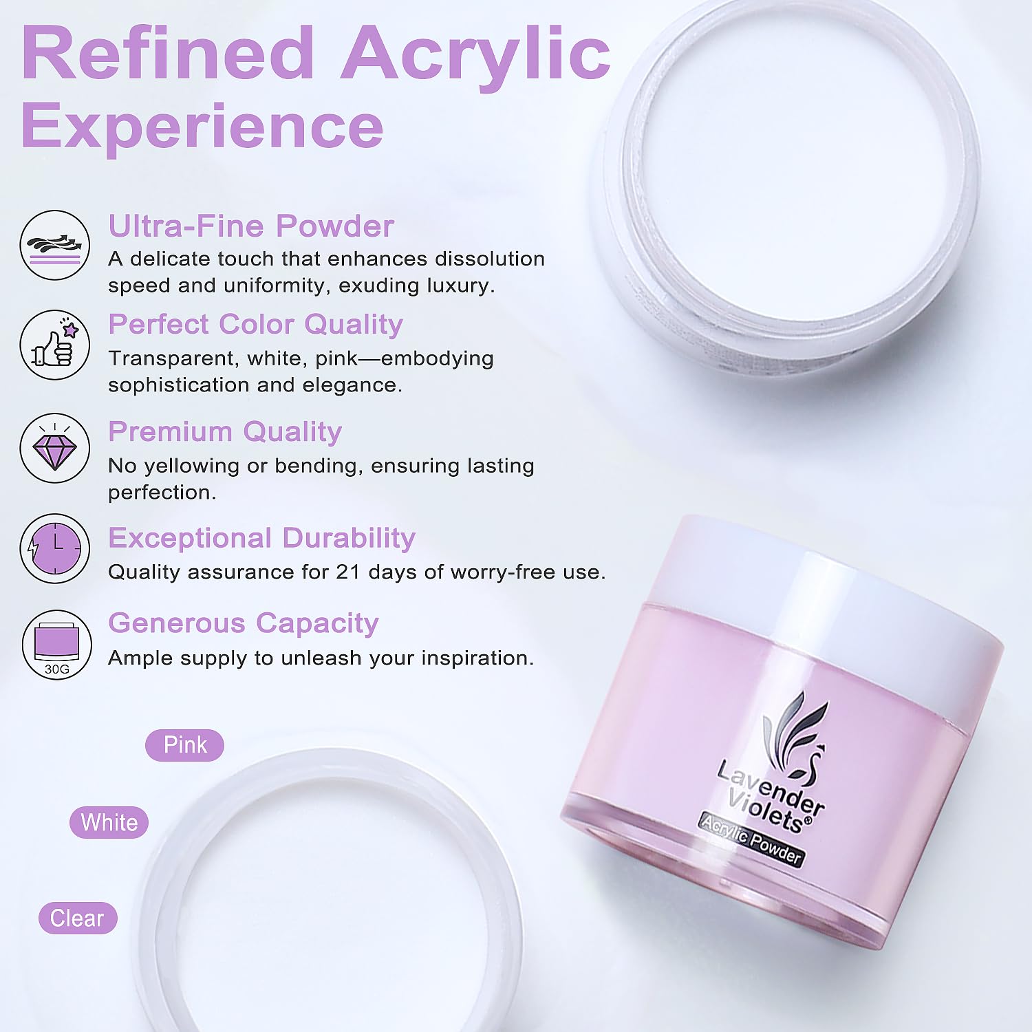 Lavender Violets acrylic nail kit with three 30g powder jars (clear, white, pink), 80ml liquid monomer and accessories - 2