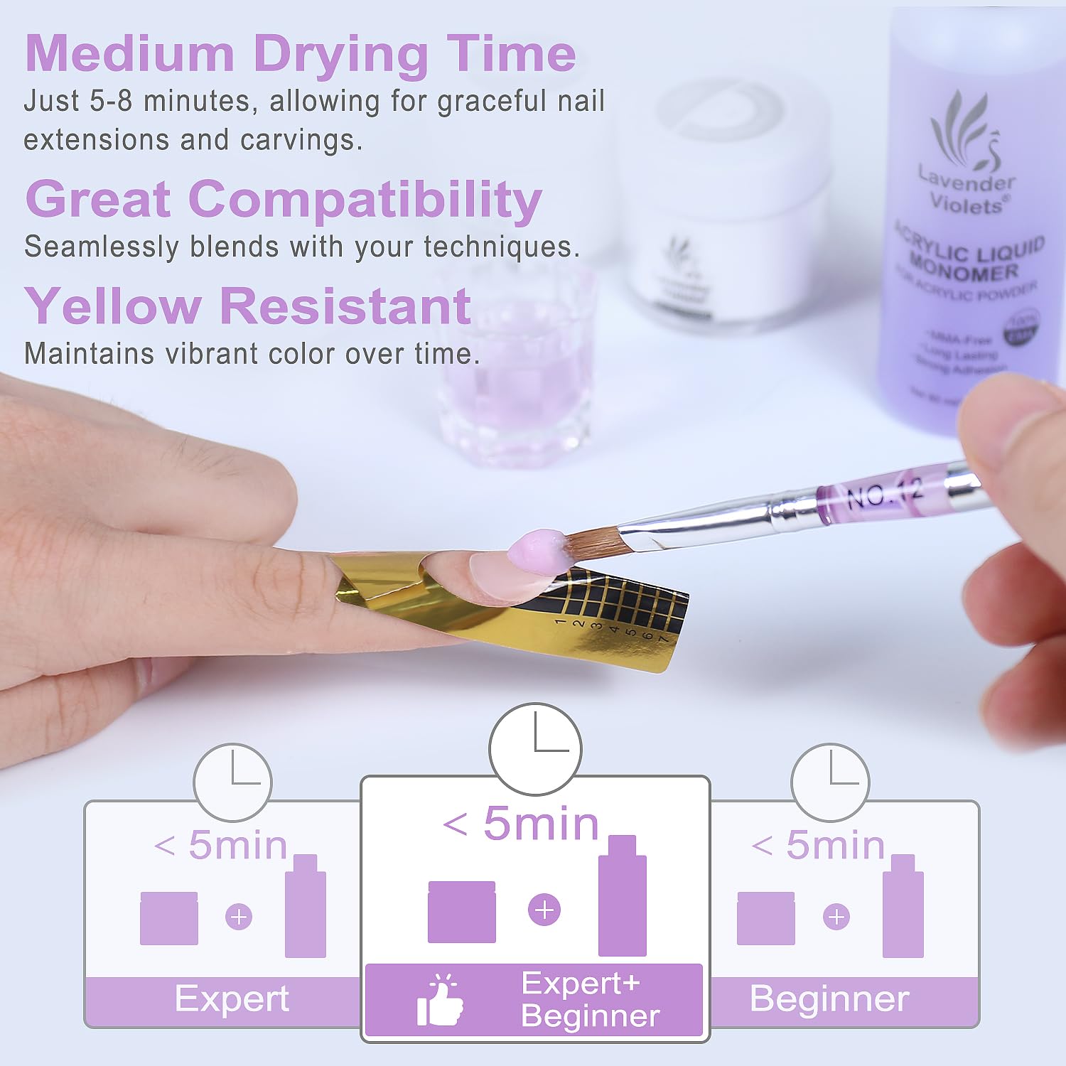 Lavender Violets acrylic nail kit with three 30g powder jars (clear, white, pink), 80ml liquid monomer and accessories - 3