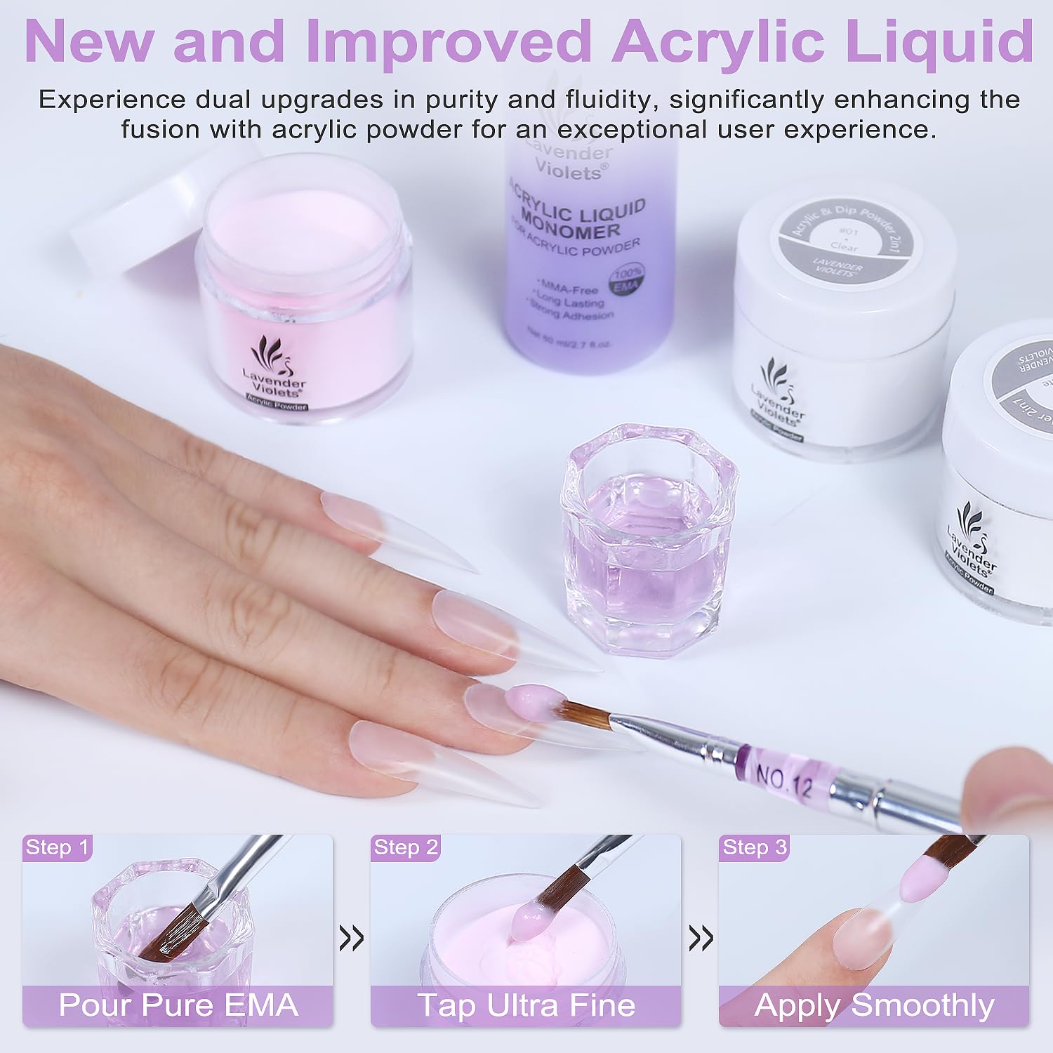 Lavender Violets acrylic nail kit with three 30g powder jars (clear, white, pink), 80ml liquid monomer and accessories - 4