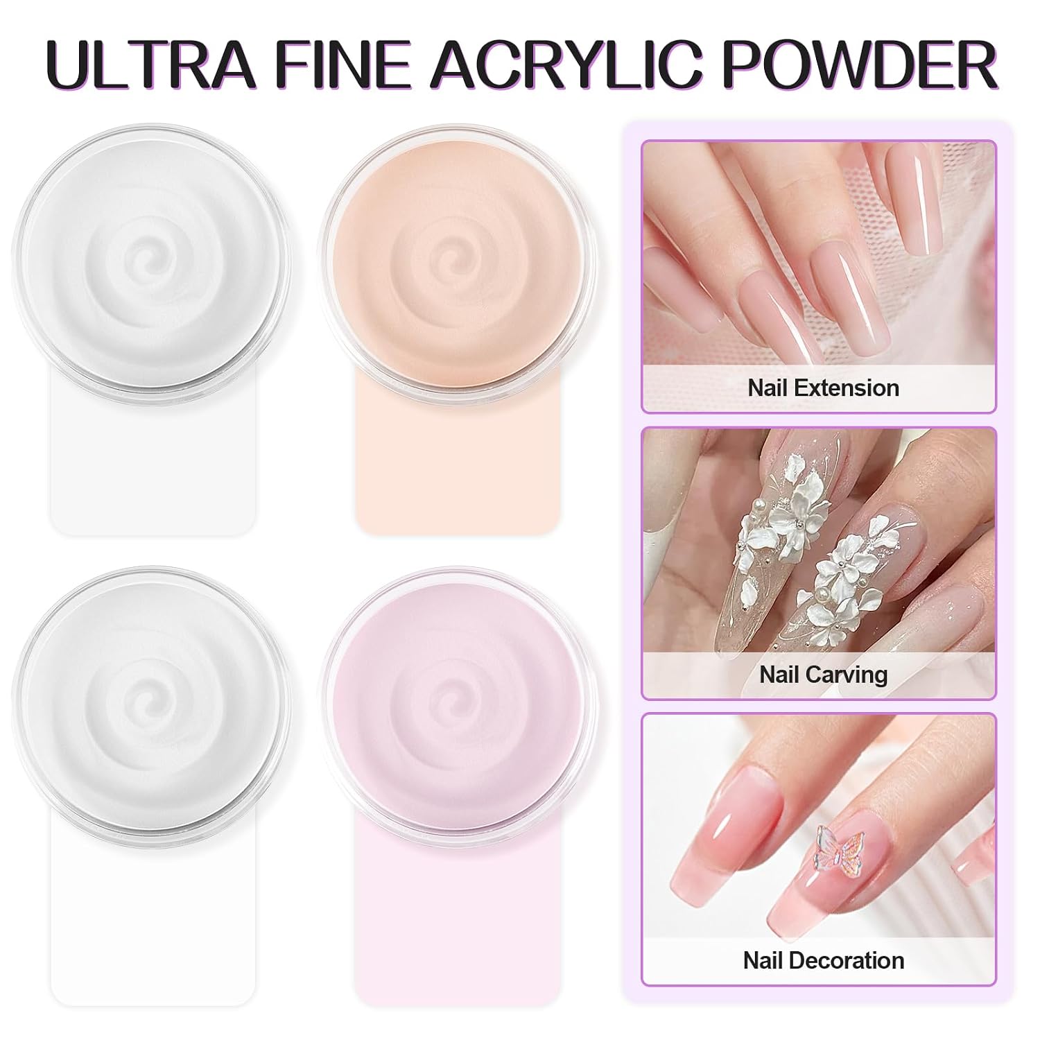 TOROKOM 4 Colors Acrylic Powder set - clear white pink nude jars - 4