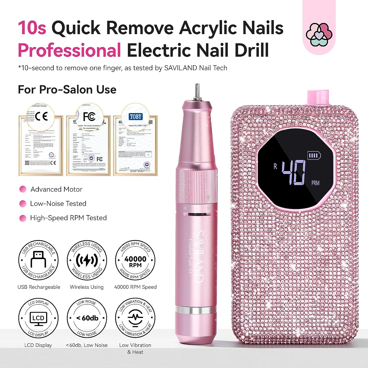 Pink pen-shaped cordless nail drill with assortment of bits and sanding bands - 2