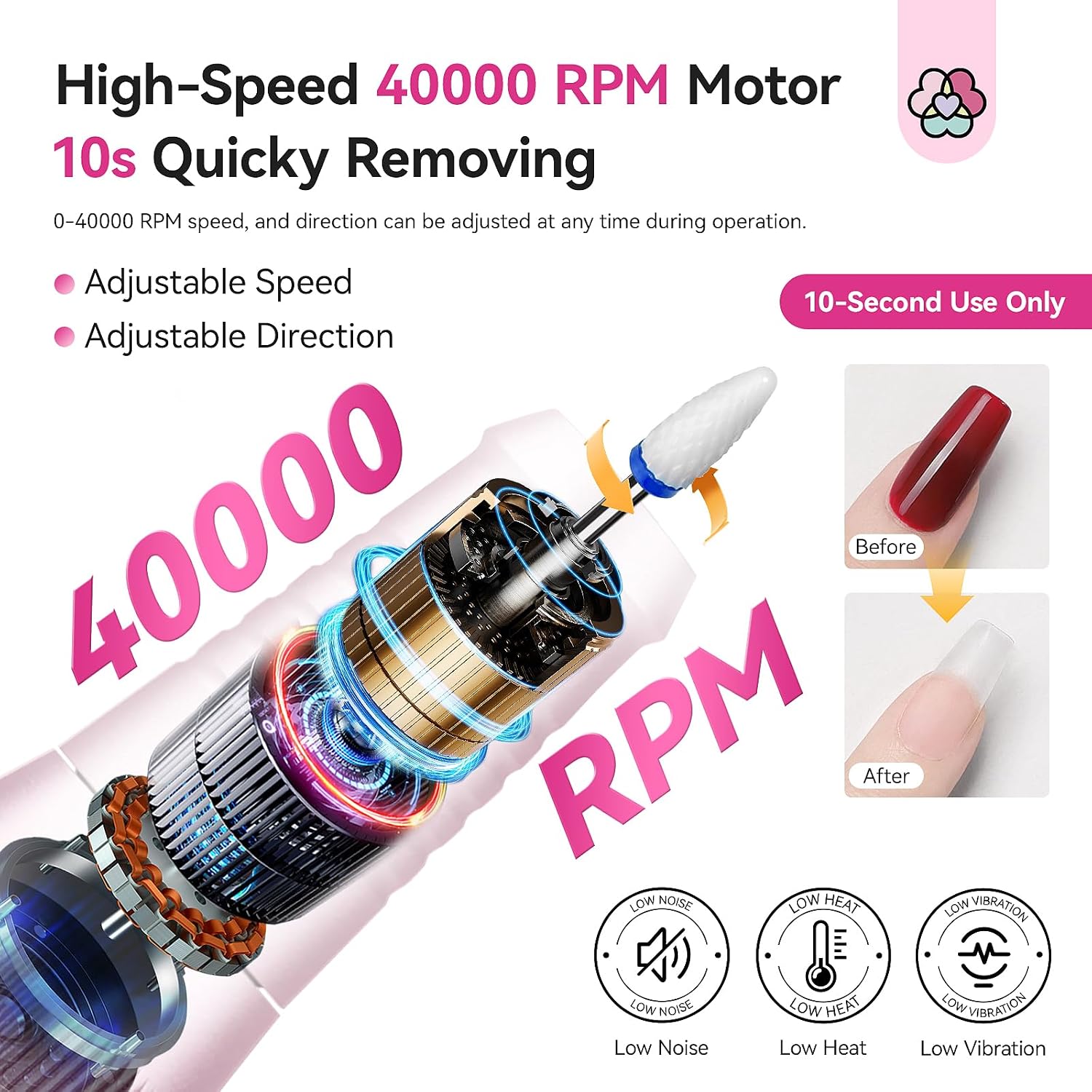 Pink pen-shaped cordless nail drill with assortment of bits and sanding bands - 3
