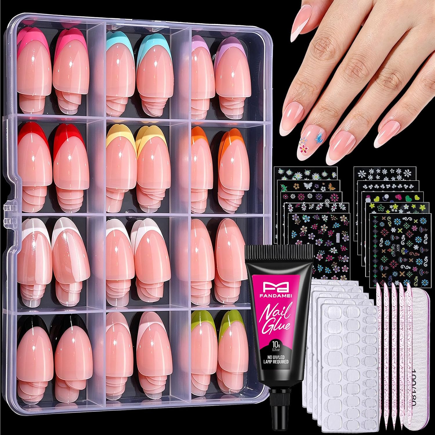 almond French tip press on nails — 288pc kit & glue
