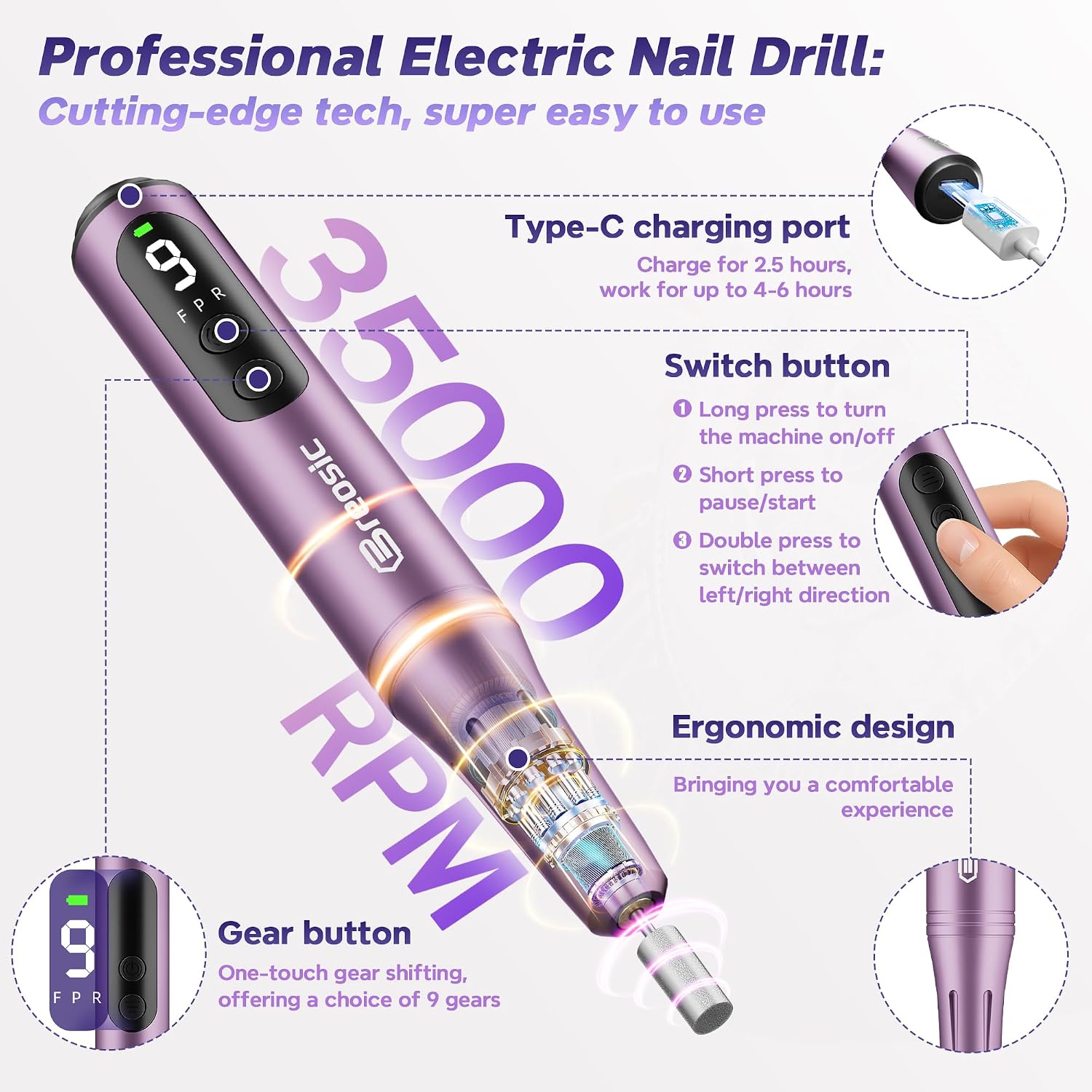 purple cordless electric nail drill kit showing handpiece, bits and USB-C cable - 2