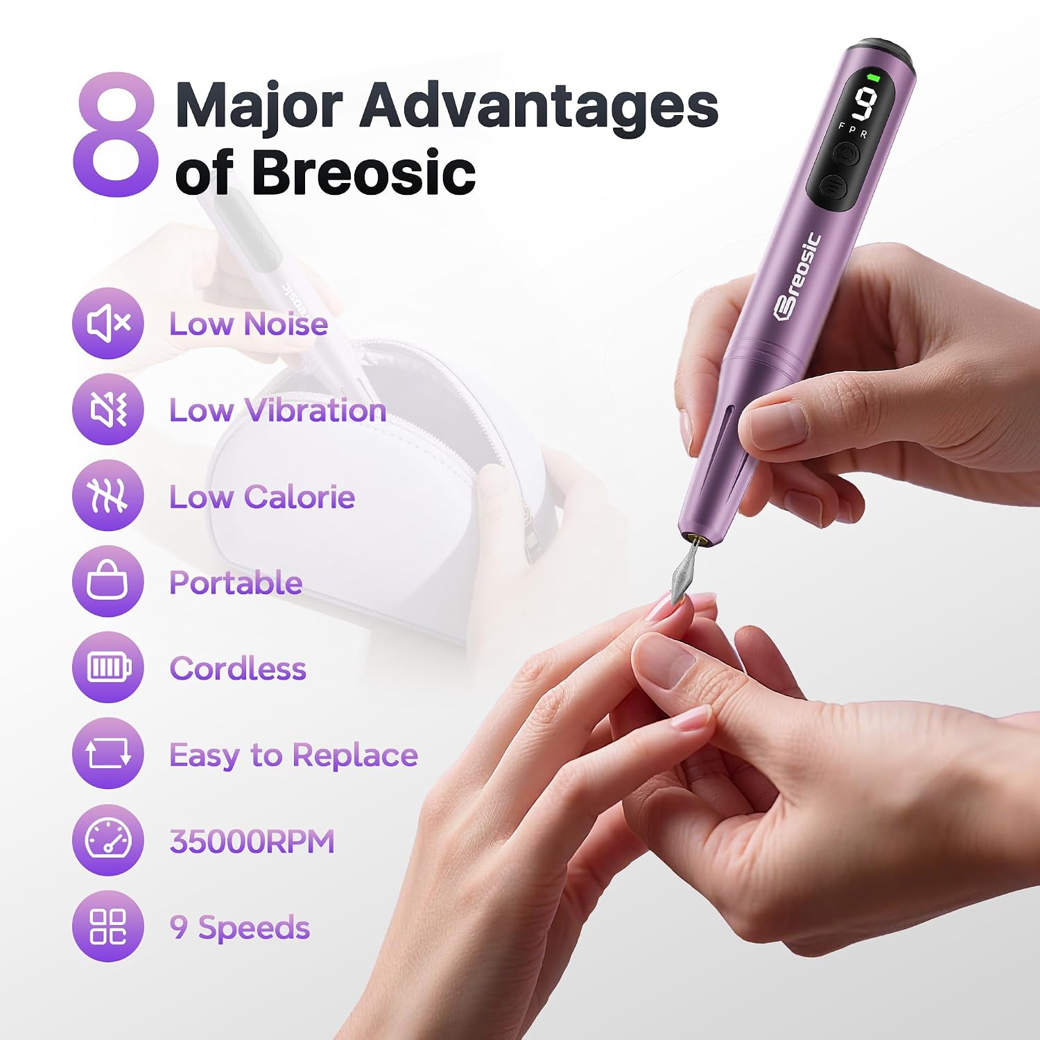purple cordless electric nail drill kit showing handpiece, bits and USB-C cable - 3