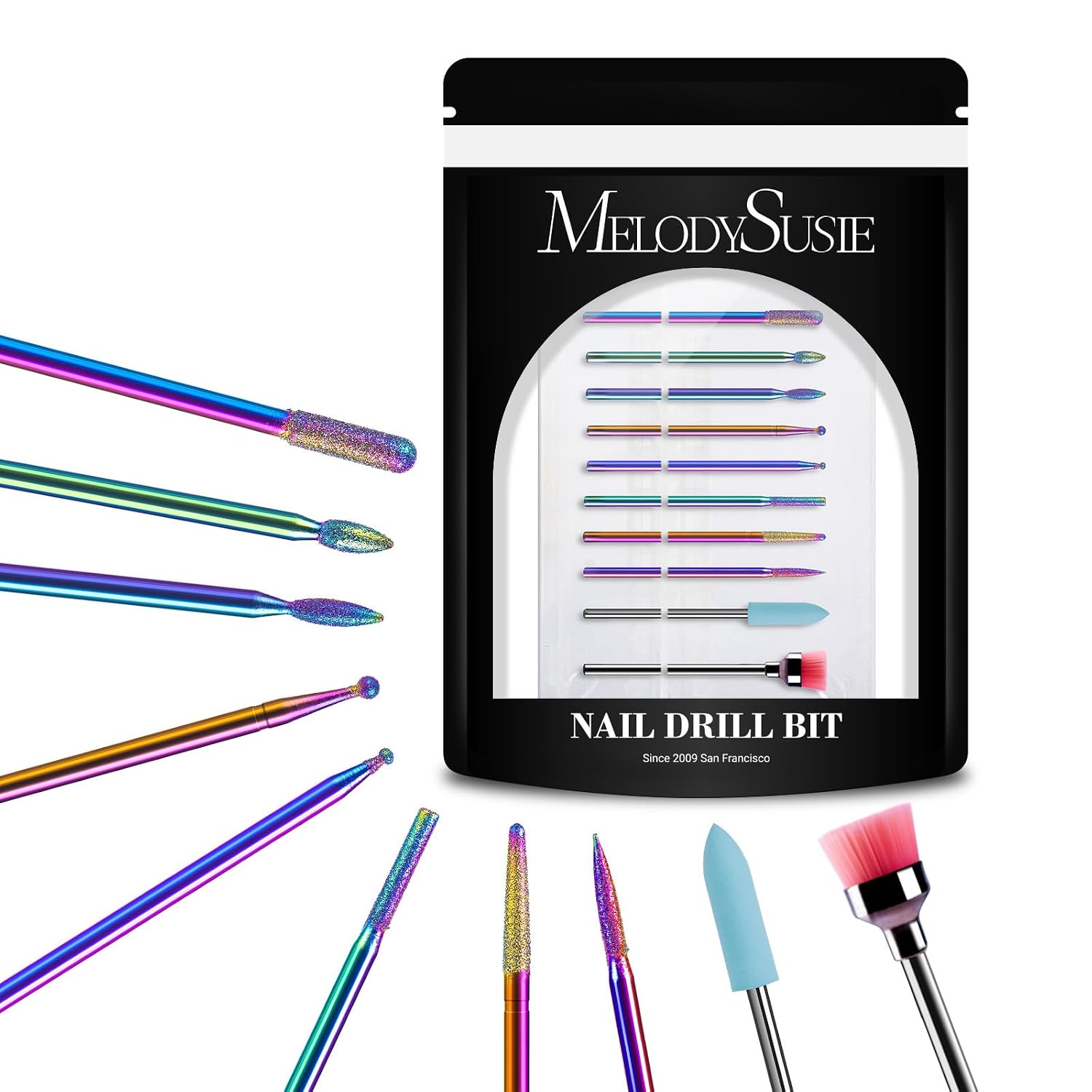 diamond cuticle nail drill bits — 10pc rainbow set