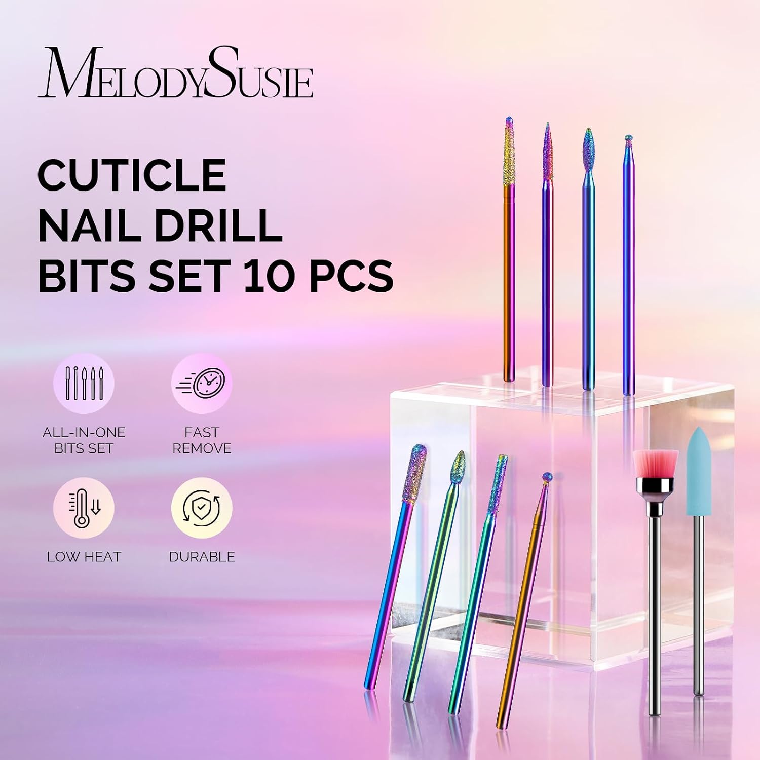 MelodySusie rainbow diamond nail drill bits laid in a fitted storage case - 2