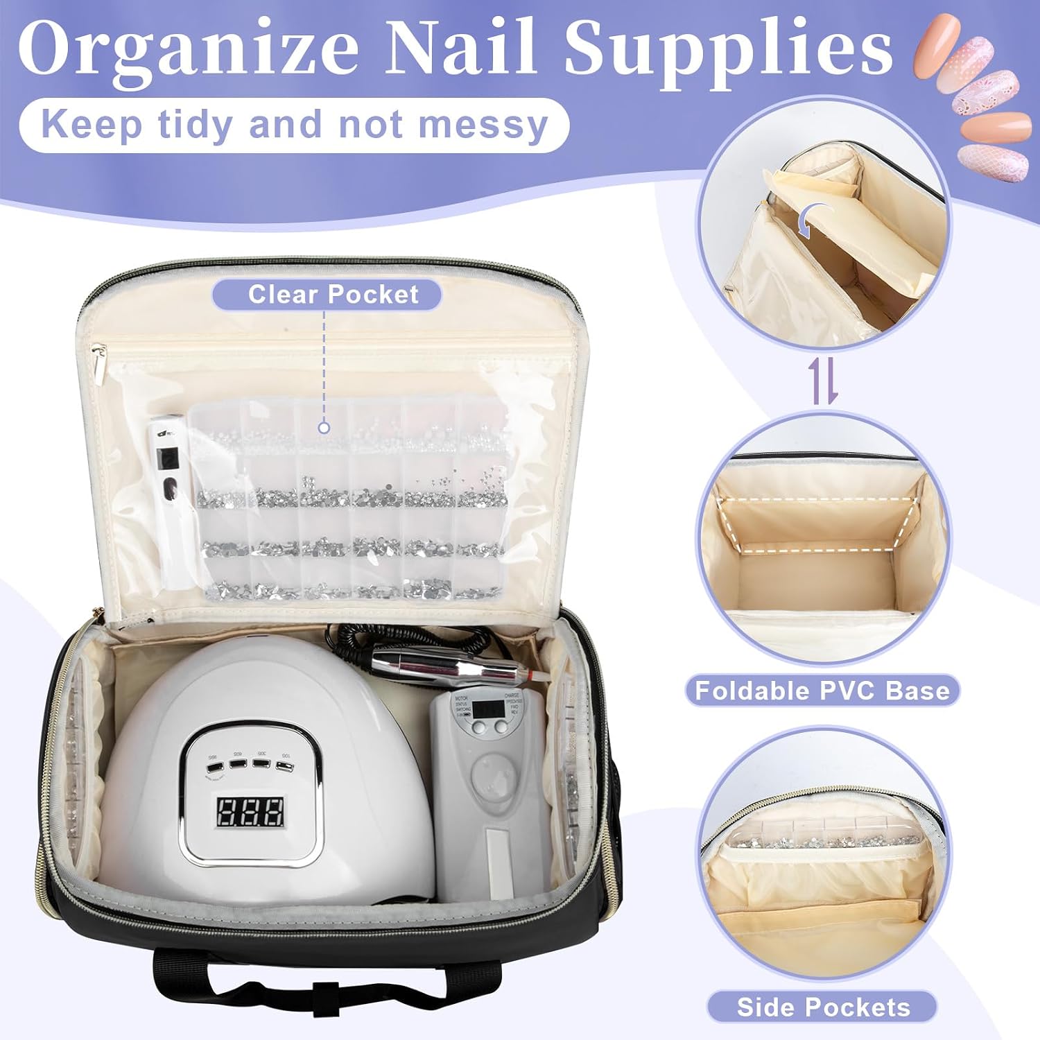 GDNasist padded double-layer nail polish organizer case with removable pouches holding 70 bottles - 3