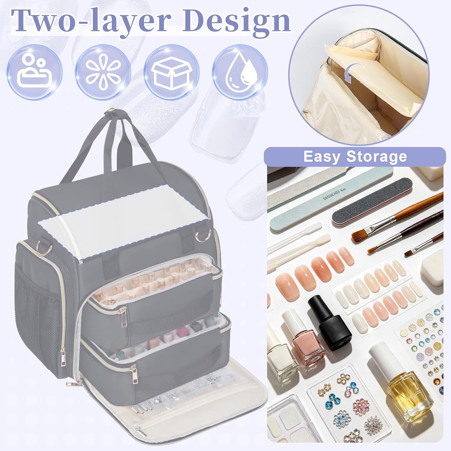 GDNasist padded double-layer nail polish organizer case with removable pouches holding 70 bottles - 4