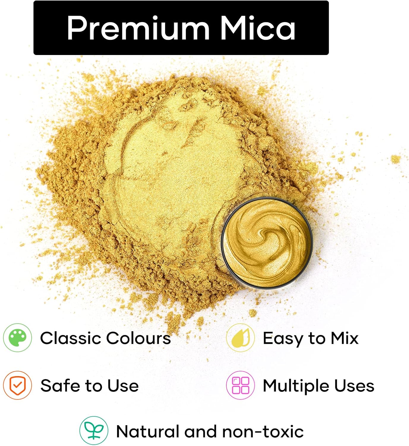 HTVRONT gold mica powder in a labeled reusable jar, 50 g - 2
