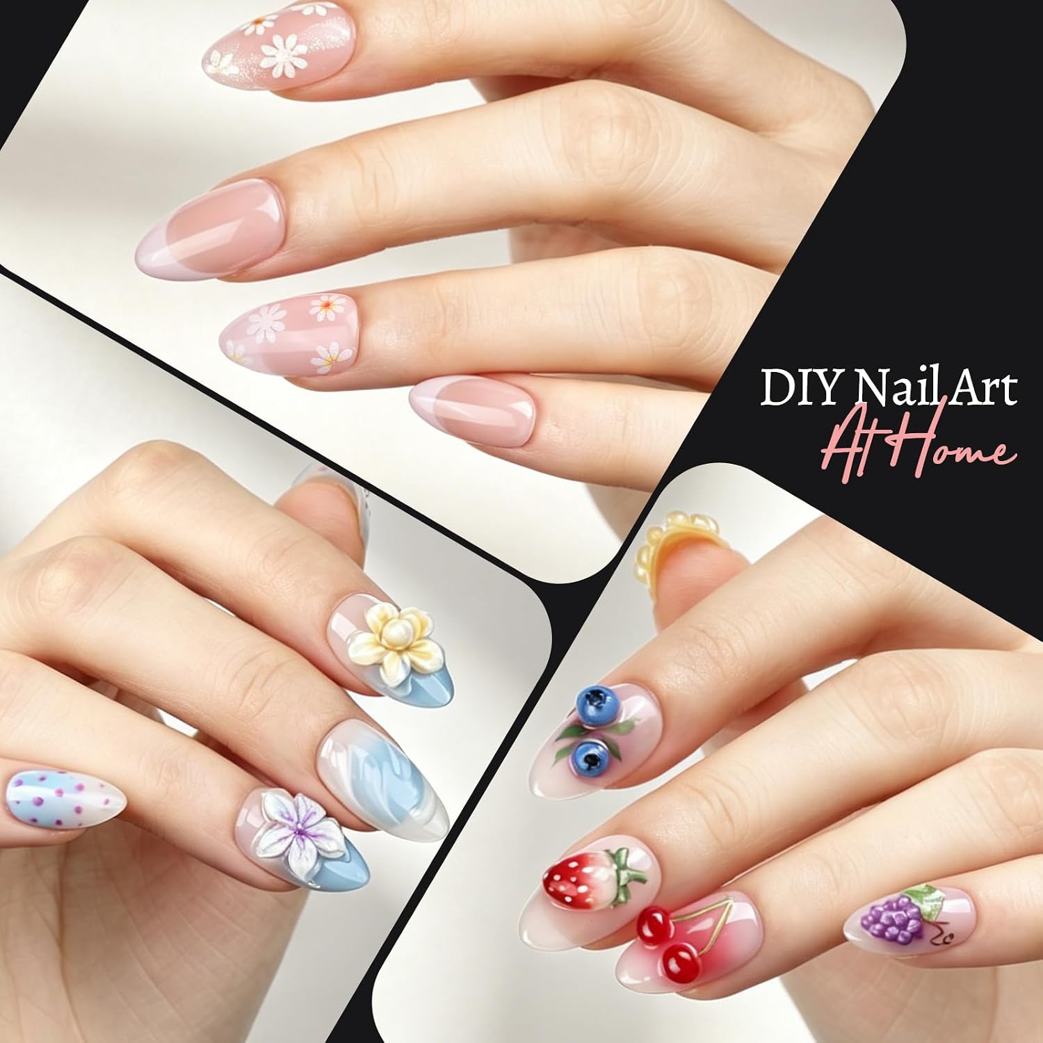 Box of half-matte clear short almond acrylic nail tips with pink brushes, dotting tools, magnetic nail stands and floral stickers - 2