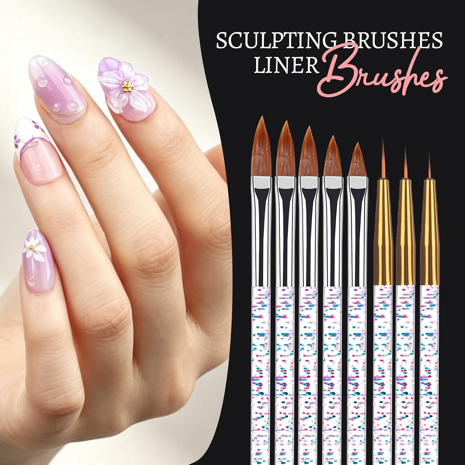 Box of half-matte clear short almond acrylic nail tips with pink brushes, dotting tools, magnetic nail stands and floral stickers - 3
