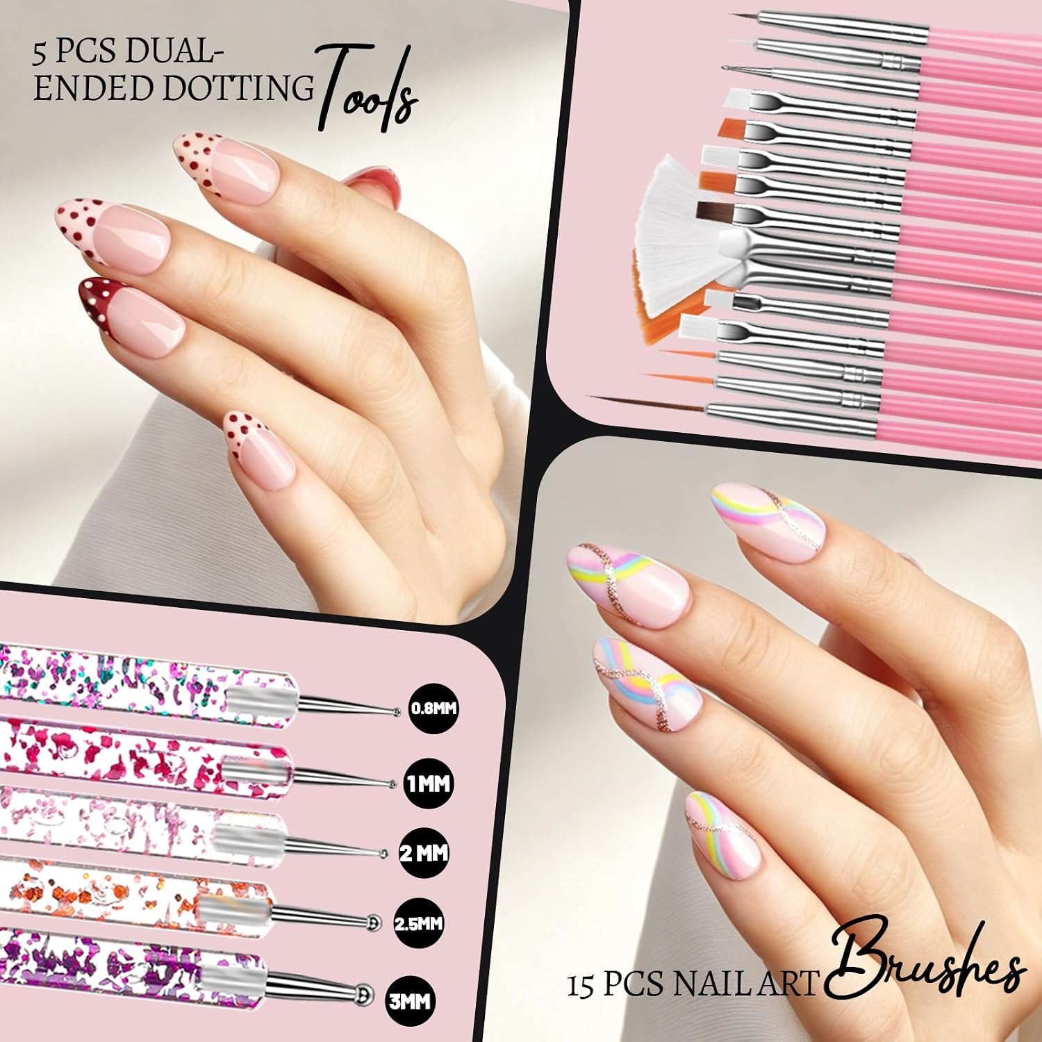 Box of half-matte clear short almond acrylic nail tips with pink brushes, dotting tools, magnetic nail stands and floral stickers - 4